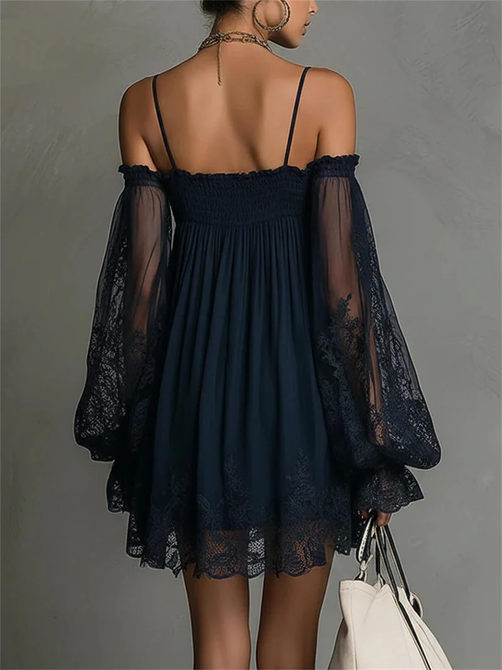 Mini abito da donna con bretelle, elegante, sexy, in pizzo, con maniche a sbuffo, casual, per feste, spiaggia, vacanze, abito corto fluido