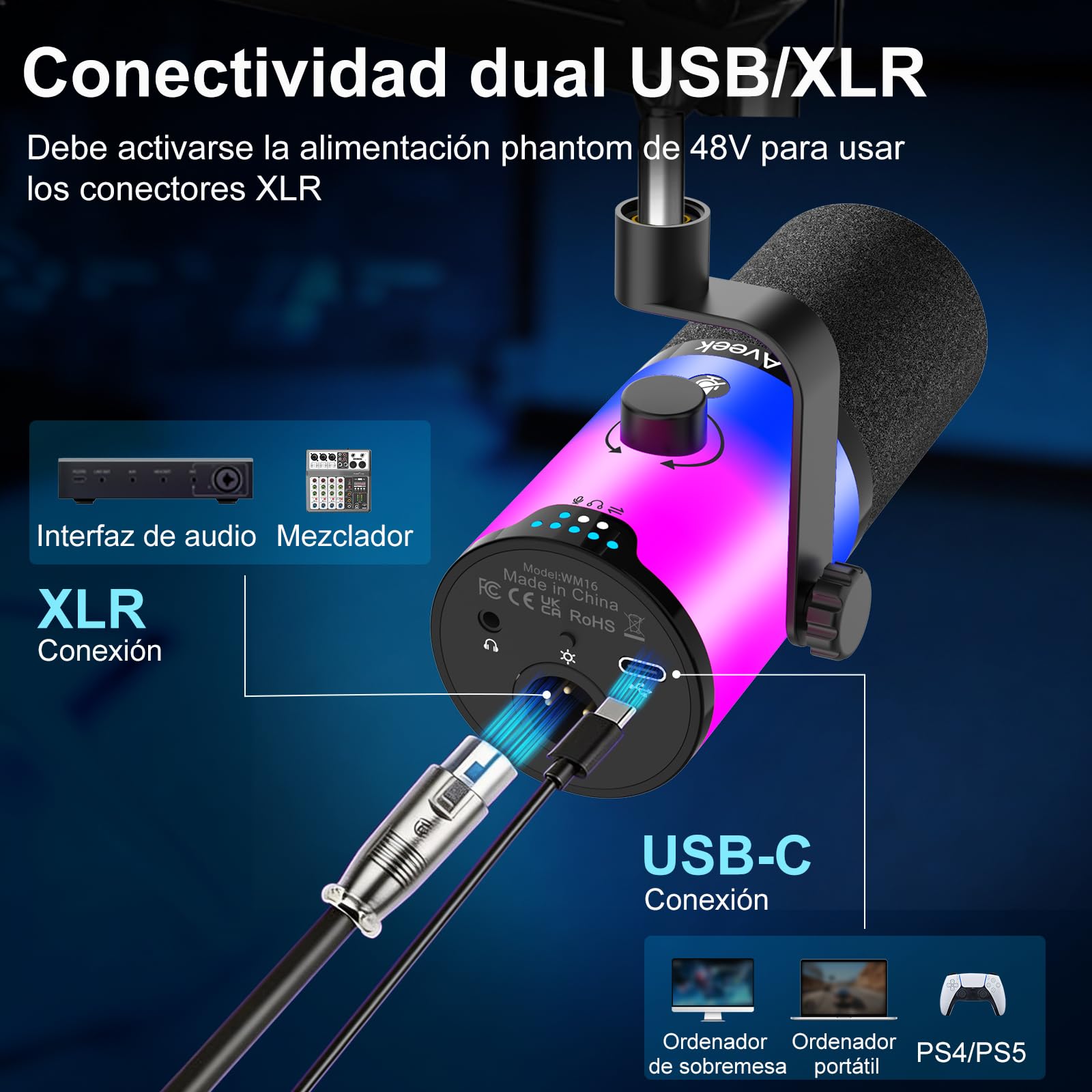 Aveek Micrófono Dinámico USB/XLR con Brazo para Gaming & Streaming | Iluminación RGB, Cancelación de Ruido, Silencio con Un Toque, Monitor Mix y Conector de Auriculares para PC & PS5