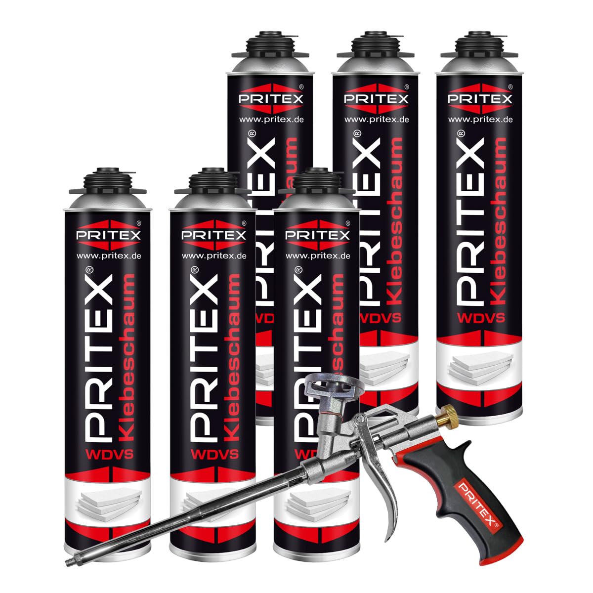 PRITEX WDVS Klebeschaum Set, 6x 750ml Dämmstoffkleber inkl. Pistole