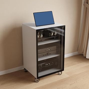 Modern Stereo Cabinet, Audio Rack with Glass Doors, Av Cabinet with Adjustable Shelves, Storage for Entertainment Stereo Component, for Home/Office/TheaterWhite,80cm/31.5in
