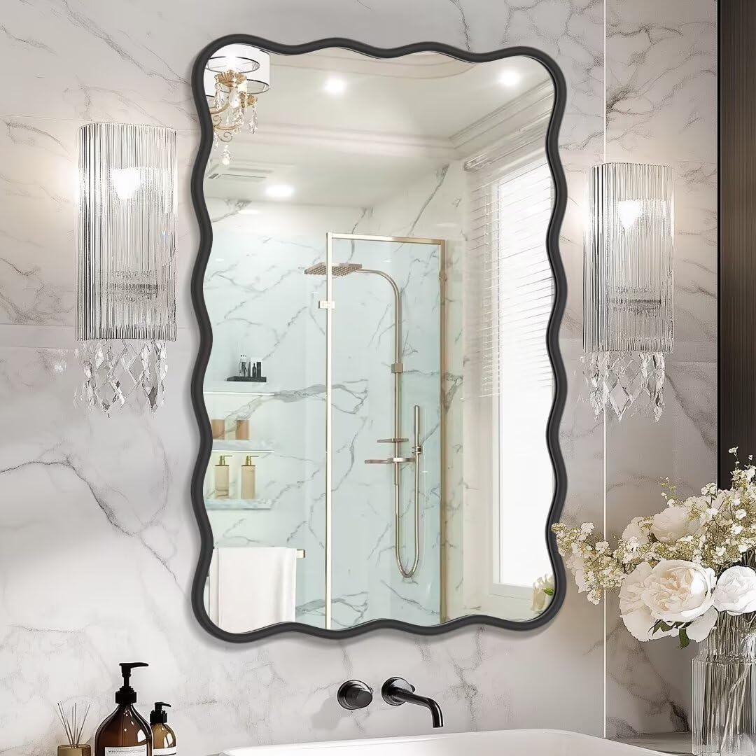 Photo 1 of **HAS MINOR DAMAGED IN 2 CORNERS (CRACKED)**** ROHOMEWARE 24 * 36" Black Bathroom Mirror for Wall,Wavy Rectangular Mirror,Vanity Mirror,Bathroom Mirrors for Wall-Mounted Metal Frame Mirror for Bedroom Entryway Living Room Farmhouse (Black)