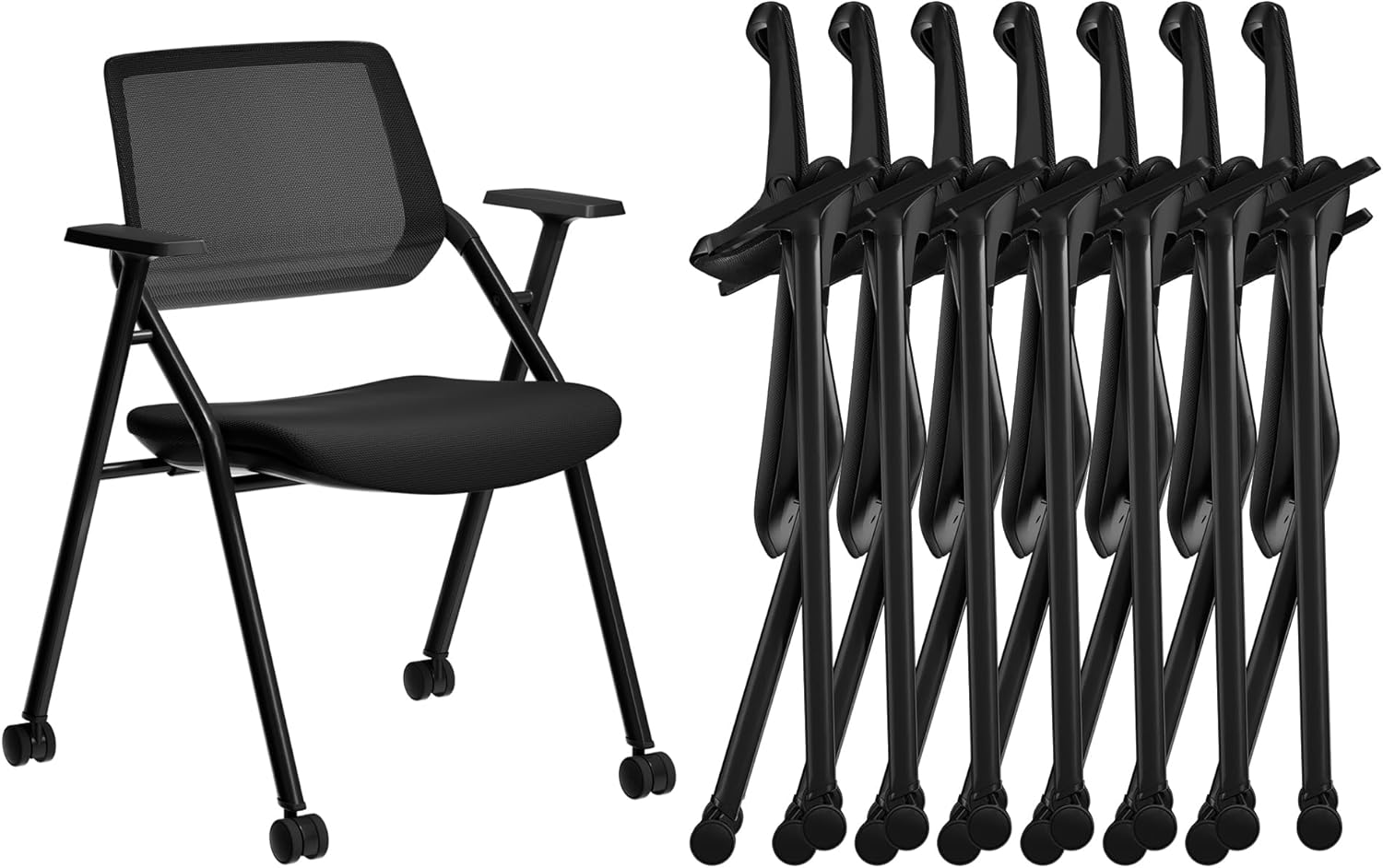 Okeysen 8 Pack Stackable & Foldable Conference Room Chairs, Mesh Guest Reception Chair with Arms, Office Chair with Ergonomic Bouncing Back for Meeting, Guest & Reception, Training & Waiting Room