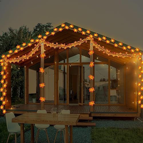 Miniatura 7 de Decoraciones de otoño, guirnalda de oropel con purpurina de 33 pies, 40 luces LED de hojas de arce, hojas de arce artificiales para boda, calabaza,
