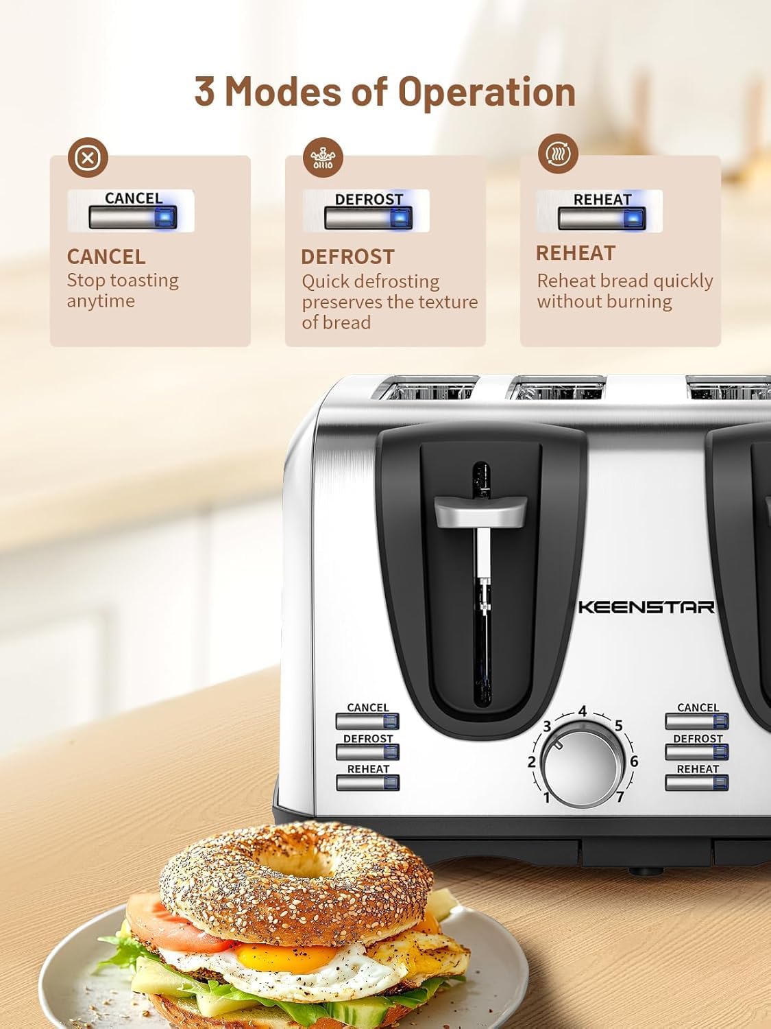 Keenstar Toaster 4 Slice, Bread Toaster with Dual Control Panels Extra-Wide Slot of Bagel/Defrost/Cancel Function, 7 Toasting Bread Shade Settings, Removable Crumb Trays, Auto Pop-Up, Stainless Steel