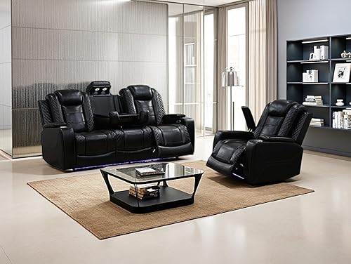 Miniatura 26 de Juego de sofá para sala de estar, sofá de dos plazas con consola de almacenamiento, portavasos, luz LED, puerto USB para apartamento, oficina