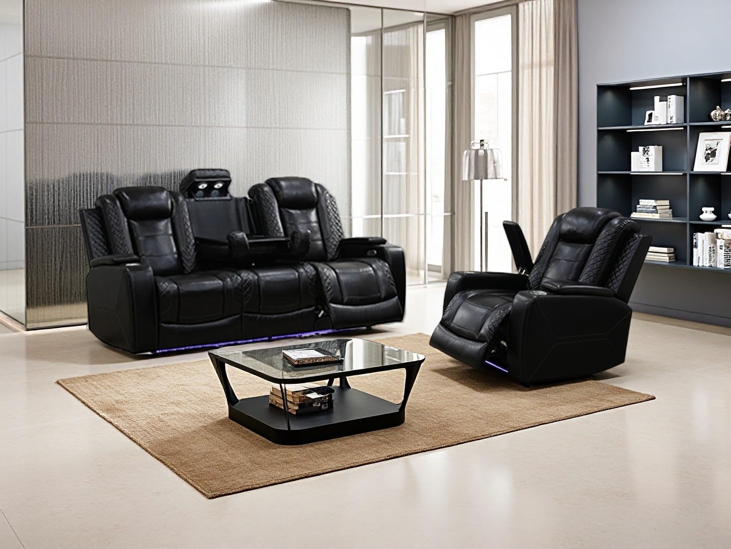 Dekmxas Recliner Power Sofa Set, Living Room Furniture Sets, Black Breathing Leather Reclining Sofa and Chair with Drop-down Table/Cup Holder/LED