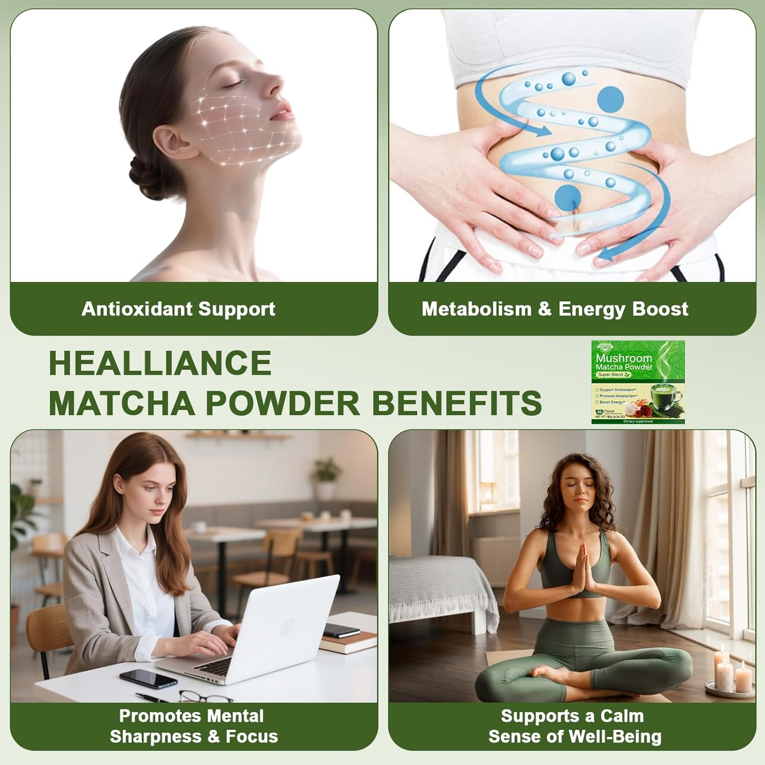 Matcha Powder Single Serving Sticks - Healliance Ceremonial Grade Matcha Powder with Lion's Mane and Ashwagandha for Calm Focus and Antioxidant Support (30 Packets) - Image 4