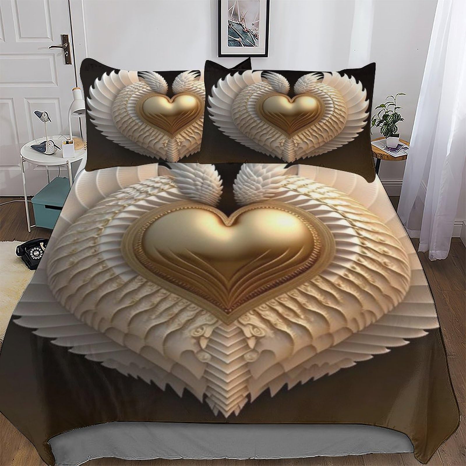 Pazzk Gold Heart Quilt Cover Super-Soft Bedding Set Polycotton Comforter Cover Comfortable & Durable Printed Duvet Cover Sets With Pillowcases For Adults Teenager Kids Single (135X200cm)