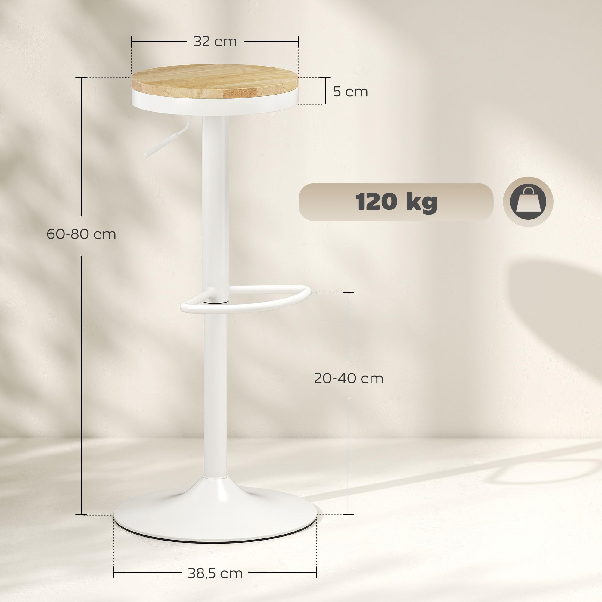 HOMCOM Juego de 2 Taburetes de Bar Giratorios Taburetes Altos de Cocina con Altura Ajustable 60-80 cm Asiento de Madera Marco de Acero y Reposapiés para Comedor Mostrador Natural y Blanco
