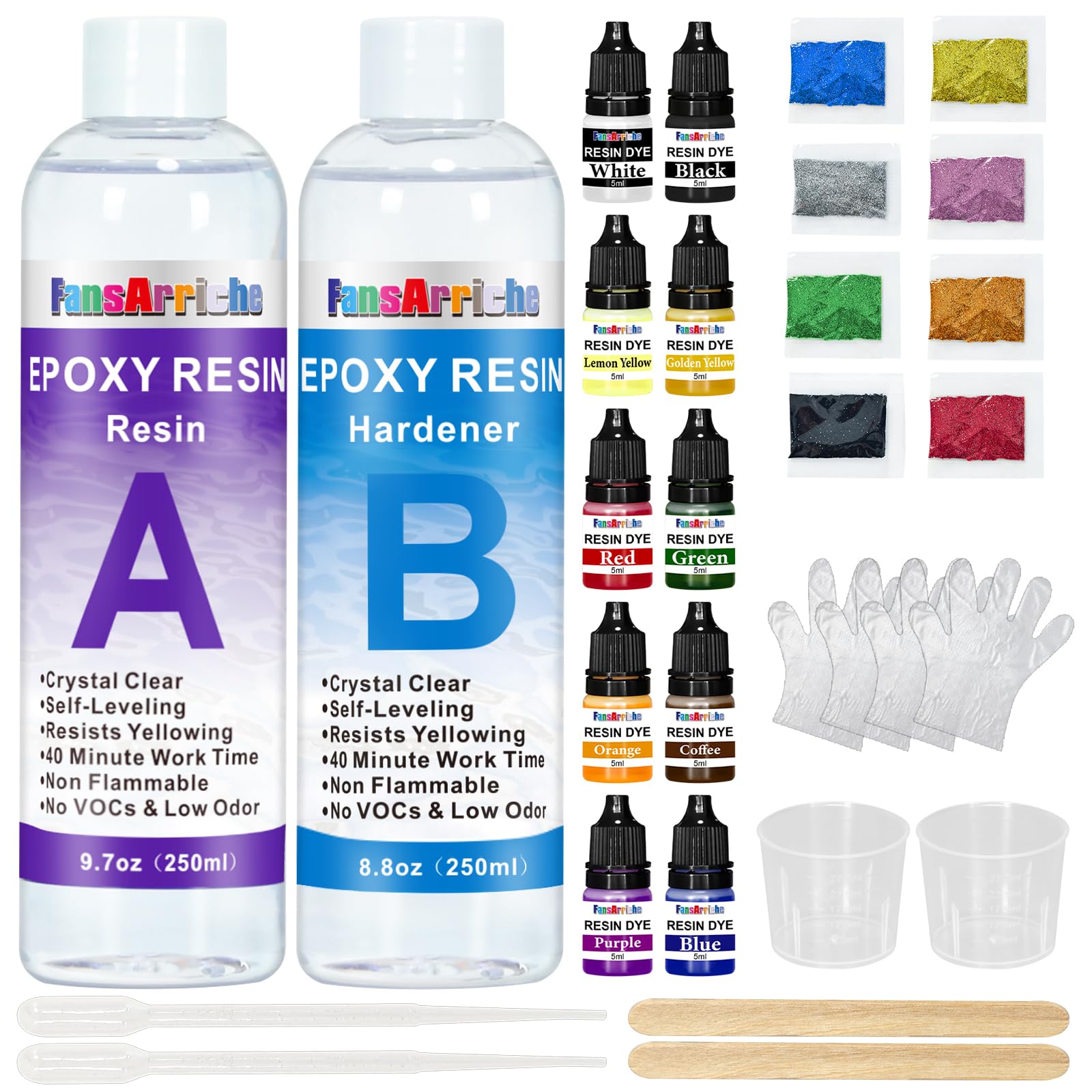 Epoxidharz Set Anfänger, Glasklar Epoxy Resin Gießharz Mit Epoxidharz Farbe, Glitzer, holzstäbchen, Handschuhe, messbecher, für Kunstprojekt, schmuckherstellung, Handwerk
