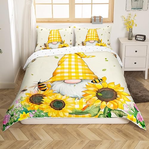 Juego de ropa de cama de gnomo de girasol, funda de edredón de gnomo amarillo Kawaii para niños y niñas, funda de edredón floral de tulipán, juegos