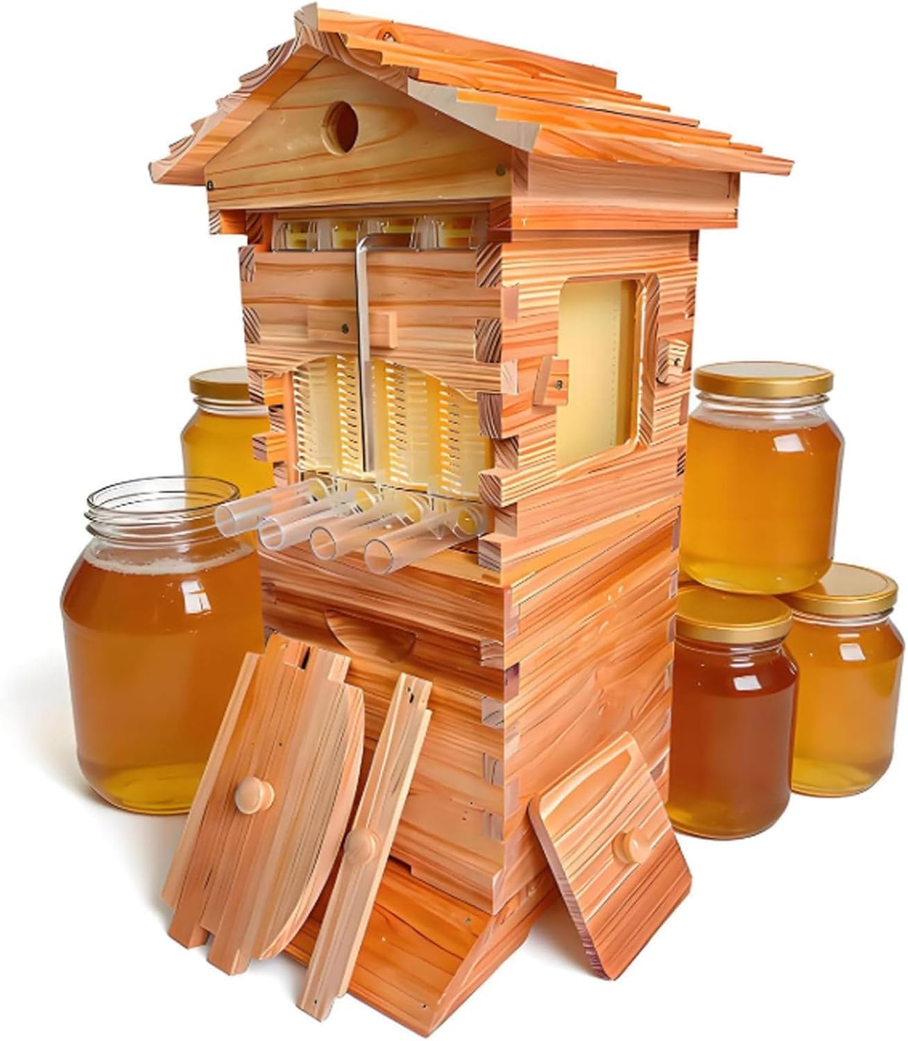 Kit Completo per Apicoltura – Arnia a Flusso Automatico in Legno con Finestra di Osservazione, Beccuccio per Miele, 7 Telaini e Vassoi Favi – Ideale per Principianti e Professionisti