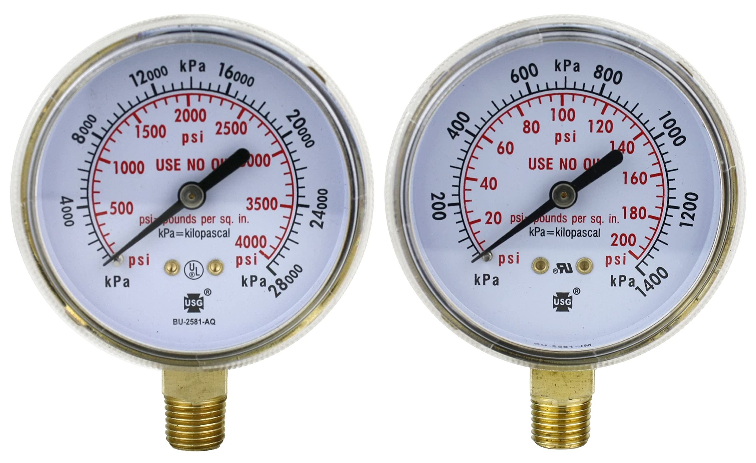High and Low Pressure Gauge for Heavy-Duty Oxygen Regulators 0-4000 psi & 0-200 psi - 2.5 inches - Thread: 1/4
