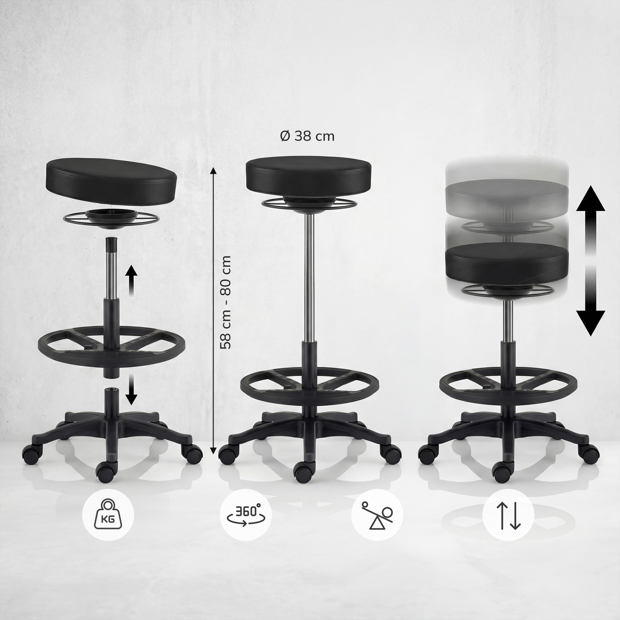 Jan Nowak Tabouret Atelier a roulettes réglable 58,2-79,5 cm pivotant 360 Tabouret Laboratoire Ergonomique siège Mobile Professionnel Industriel Jusqu à 130 kg