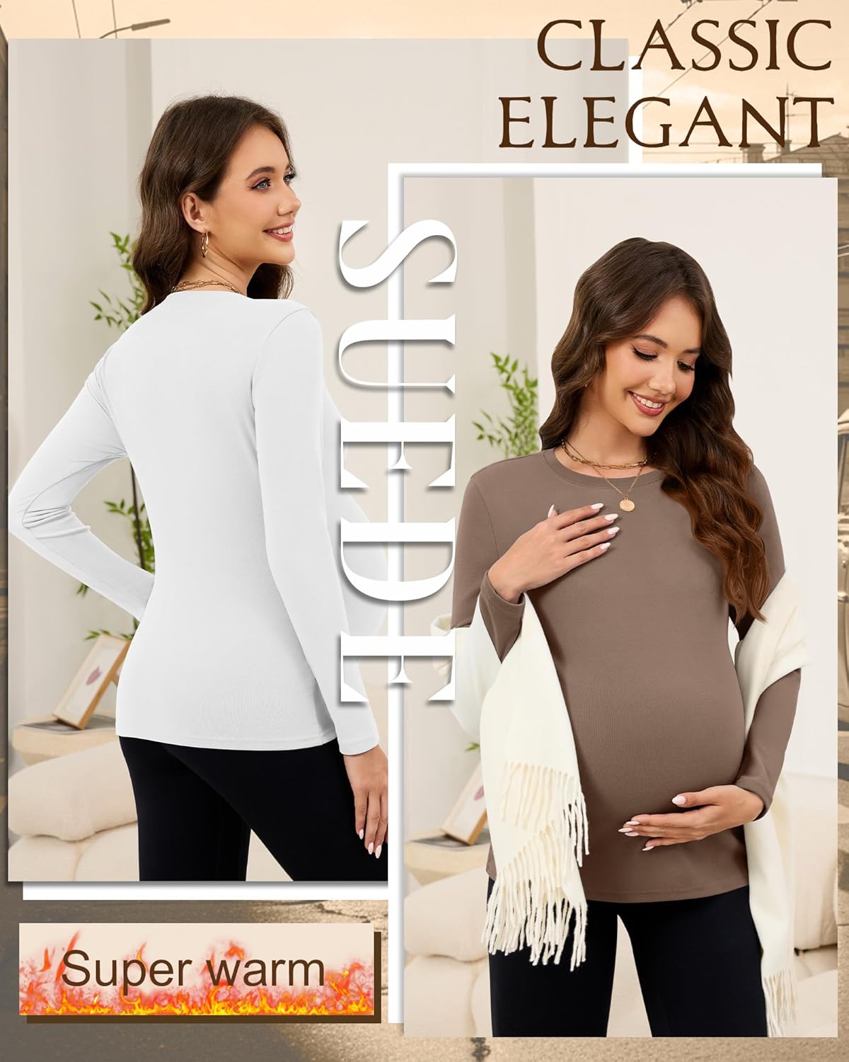 3 Pack Women's Thermal Maternity Shirts Long Sleeve Fleece Pregnancy Layering Top Crew Neck Base Layer Mama Clothes