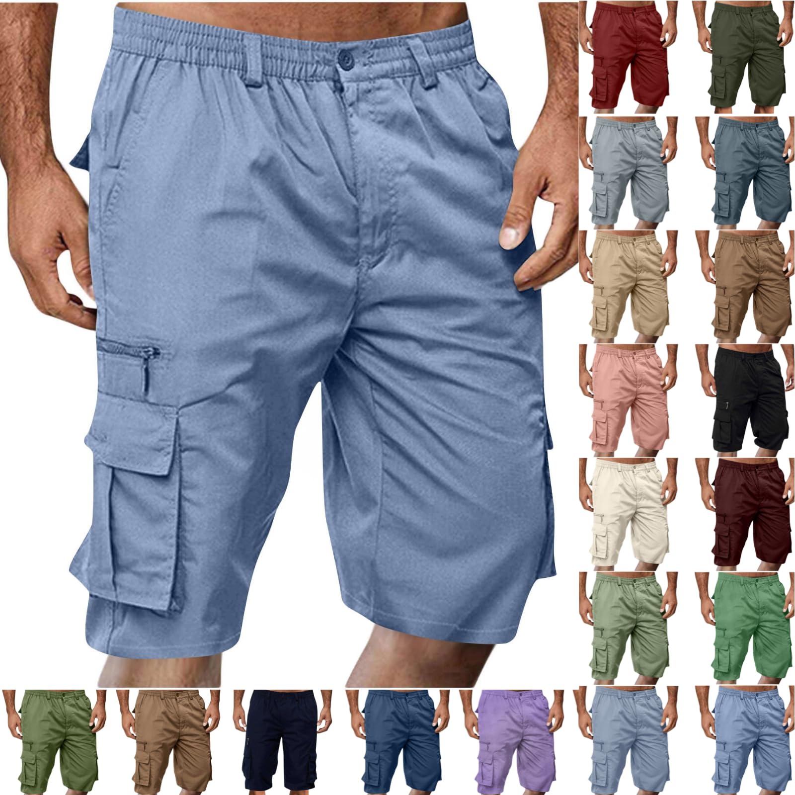 Cargo Shorts for Men,Summer Casual Elastic Waist Big Tall Baggy Shorts Lightweight Hiking Short with Multi Pockets