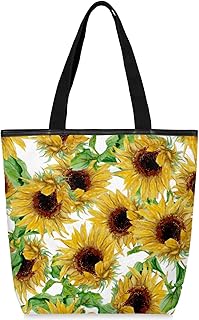 Sacolas de lona com zíper e bolso interno, bolsa de ombro feminina casual bolsa de mão flor girassol floral, bolsas de compras reutilizáveis de cozinha bolsas de lona para uso em bolsas de livros, sacolas de compras, sacolas de presente, Multicor
