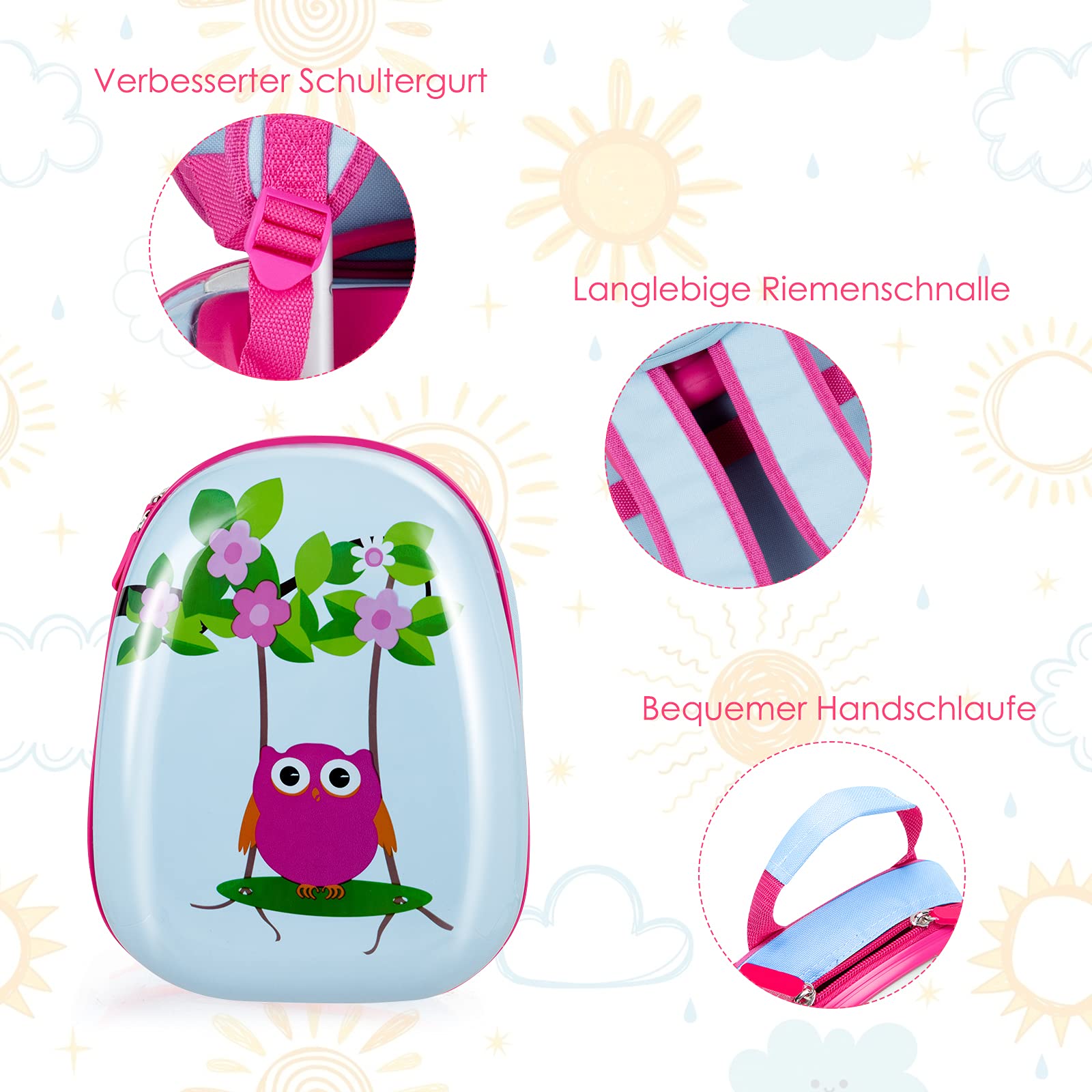 COSTWAY 2tlg Kinderkoffer + Rucksack, Kindertrolley aus Kunststoff, Kindergepäck, Kinder Kofferset Handgepäck Reisegepäck Hartschalenkoffer für Jungen und Mädchen (Eule, 12"+16")