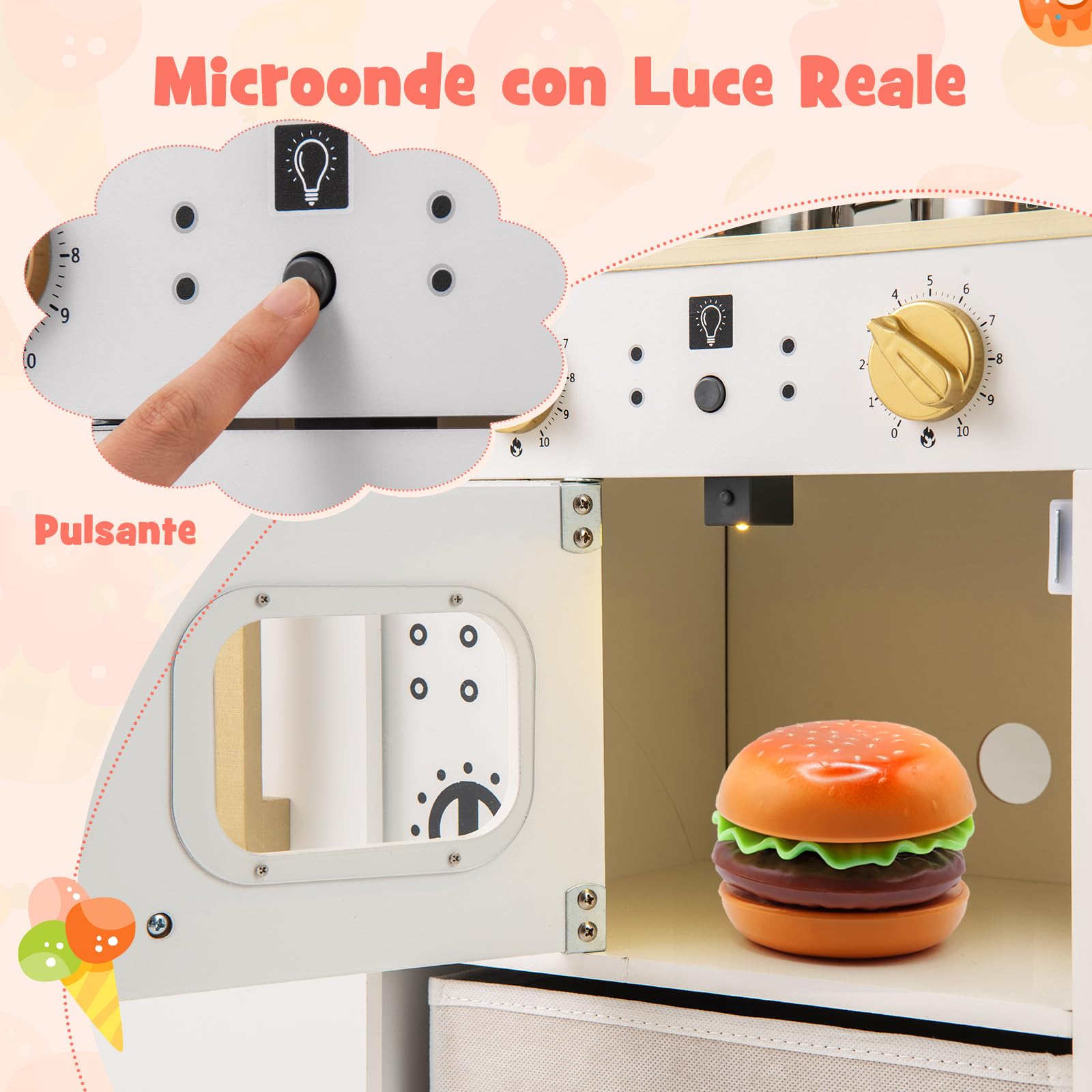 COSTWAY Cucina Giocattolo con Macchina del Ghiaccio e Microonde con Luce, Cucina per Bambini in Legno con 2 Lavagne, Lavandino e Cassetto in Tessuto, Set Cucina con 9 Accessori, 86 x 27 x 83 cm
