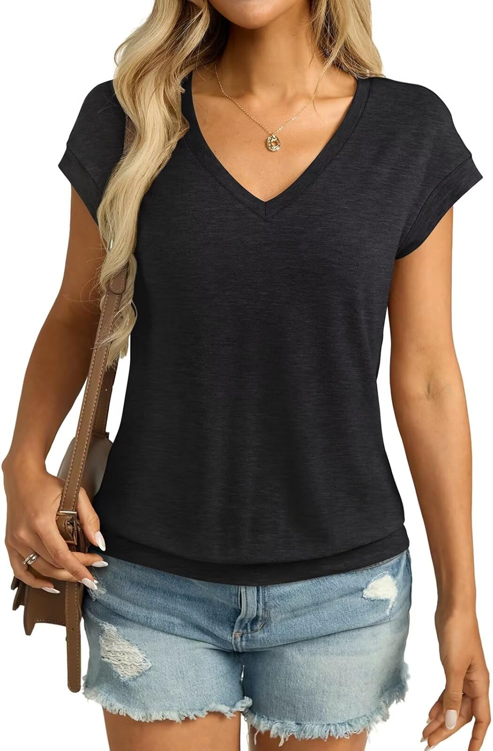 Micticsi Womens V Neck Cap Sleeve T Shirts Banded Bottom Top Loose Fit Short Sleeves Tee Casual Summer Basic Tops 2025