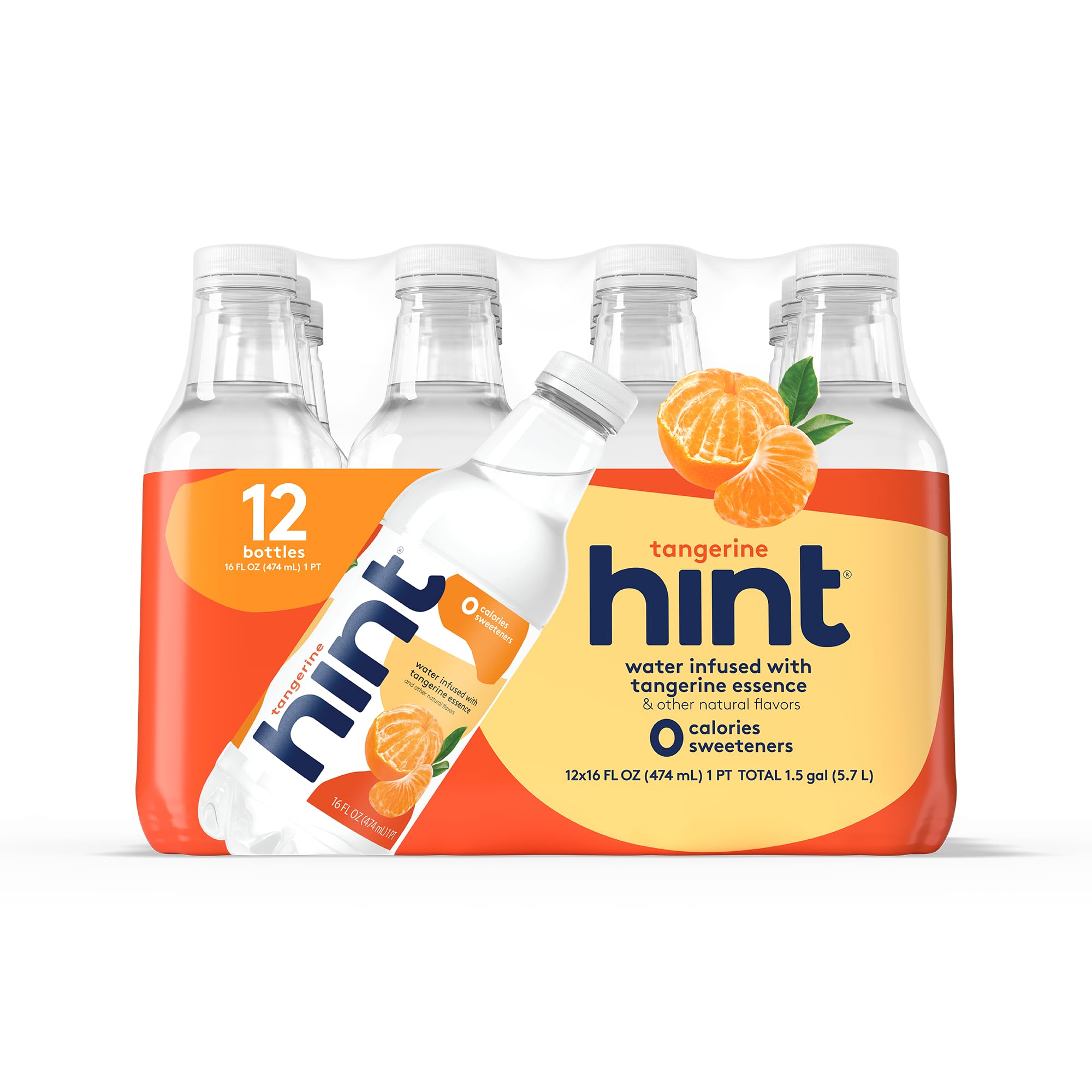 Hint Water Tangerine, Pure Water Infused with Tangerines, Zero Sugar, Zero Calories, Zero Sweeteners, Zero Preservatives, Zero Artificial Flavors, 16 Fl Oz (Pack of 12)