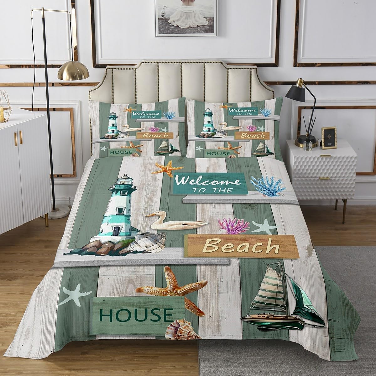 Erosebridal Lighthouse King Quilt,Sailboat Sailing Boat Bedding Set for Kids Girls Boys,Ocean Seashell Quilts Bed Set,Coastal Beach Coverlet Bedroom Decor with 2 Pillowshams