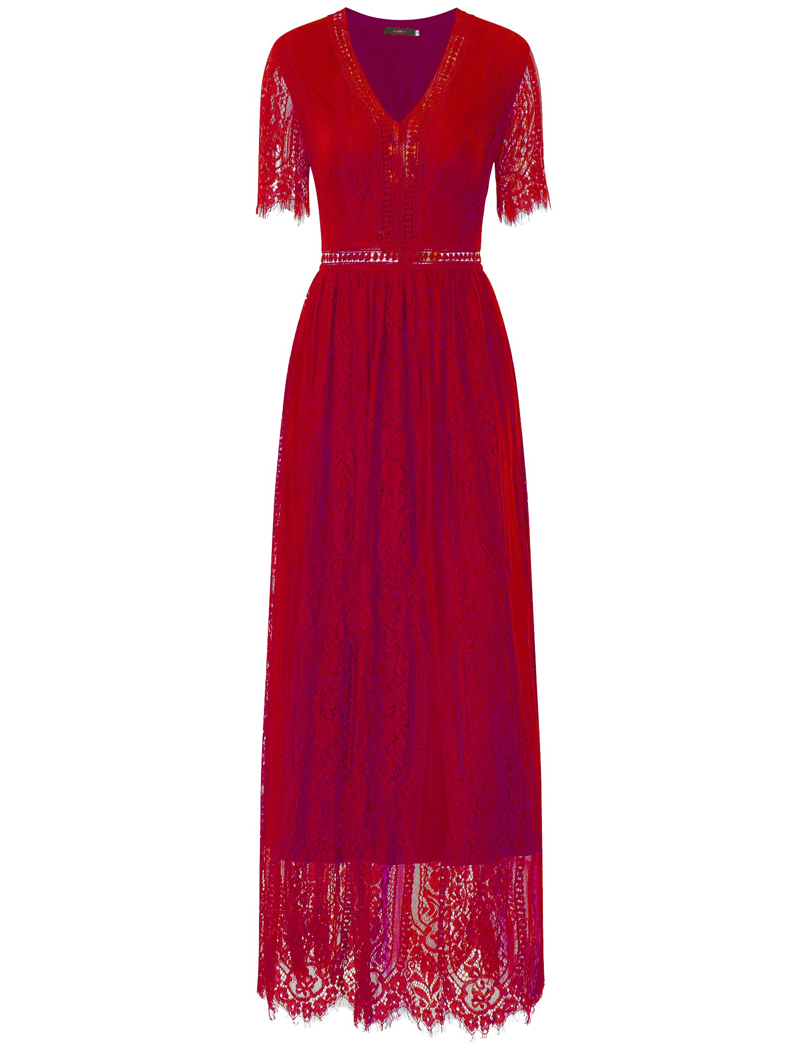 Women's Elegant Causal V-Neck Short Sleeve Wedding Bridesmaid Party Lace Maxi Dress