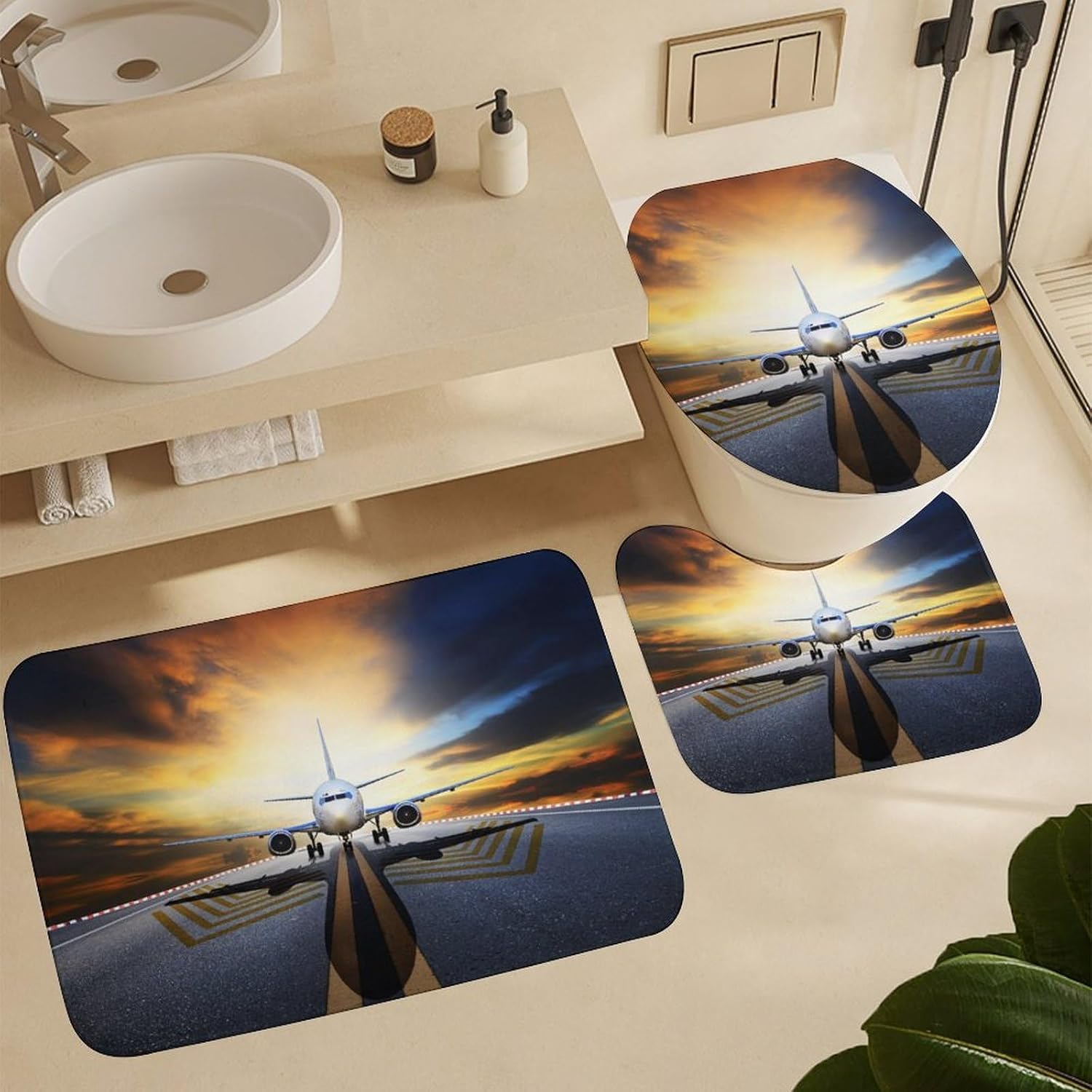 Backpack AirplaneNon-Slip Bath Rug Set 4 Set