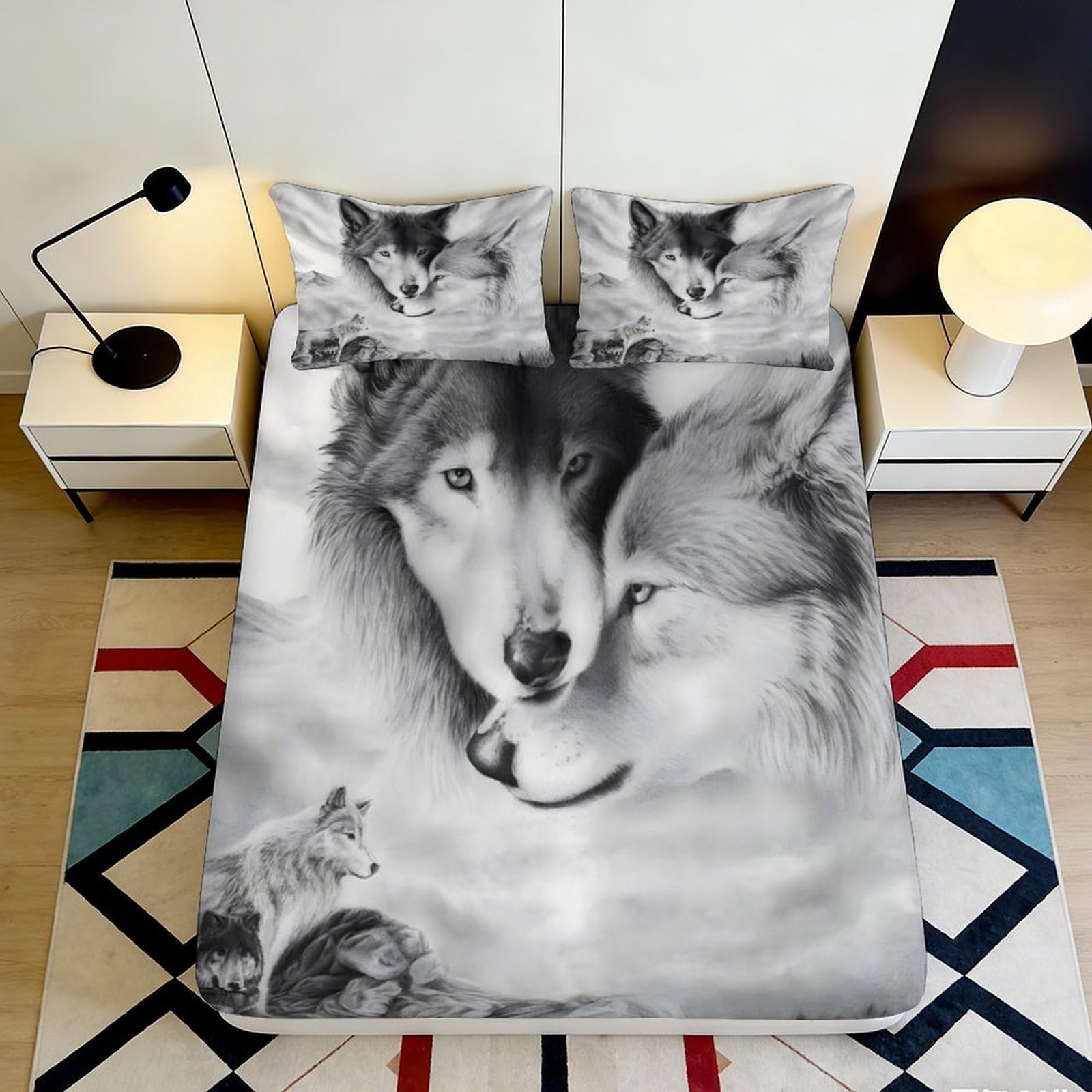 3D Printed Wolf Pattern Fitted Sheet Microfiber Soft Breathable Wolves Design Mattress Cover for Bedroom Dormitory Guest Room Mattress Protection 140x200x25cm