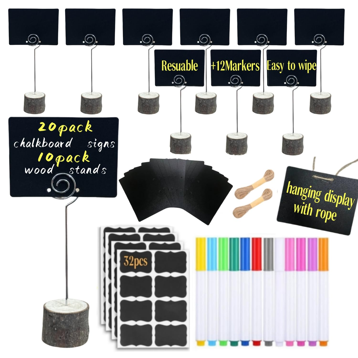 10 Pack Mini Chalkboard Signs Food Tags for Party Buffet with Wooden Stands, Reusable Hanging Chalk Boards for Weddings Bakery Birthday Place Cards,