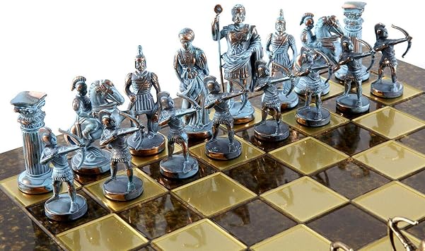 Manopoulos Archers Large Chess Set - Blue&Copper - Brown Chess Board