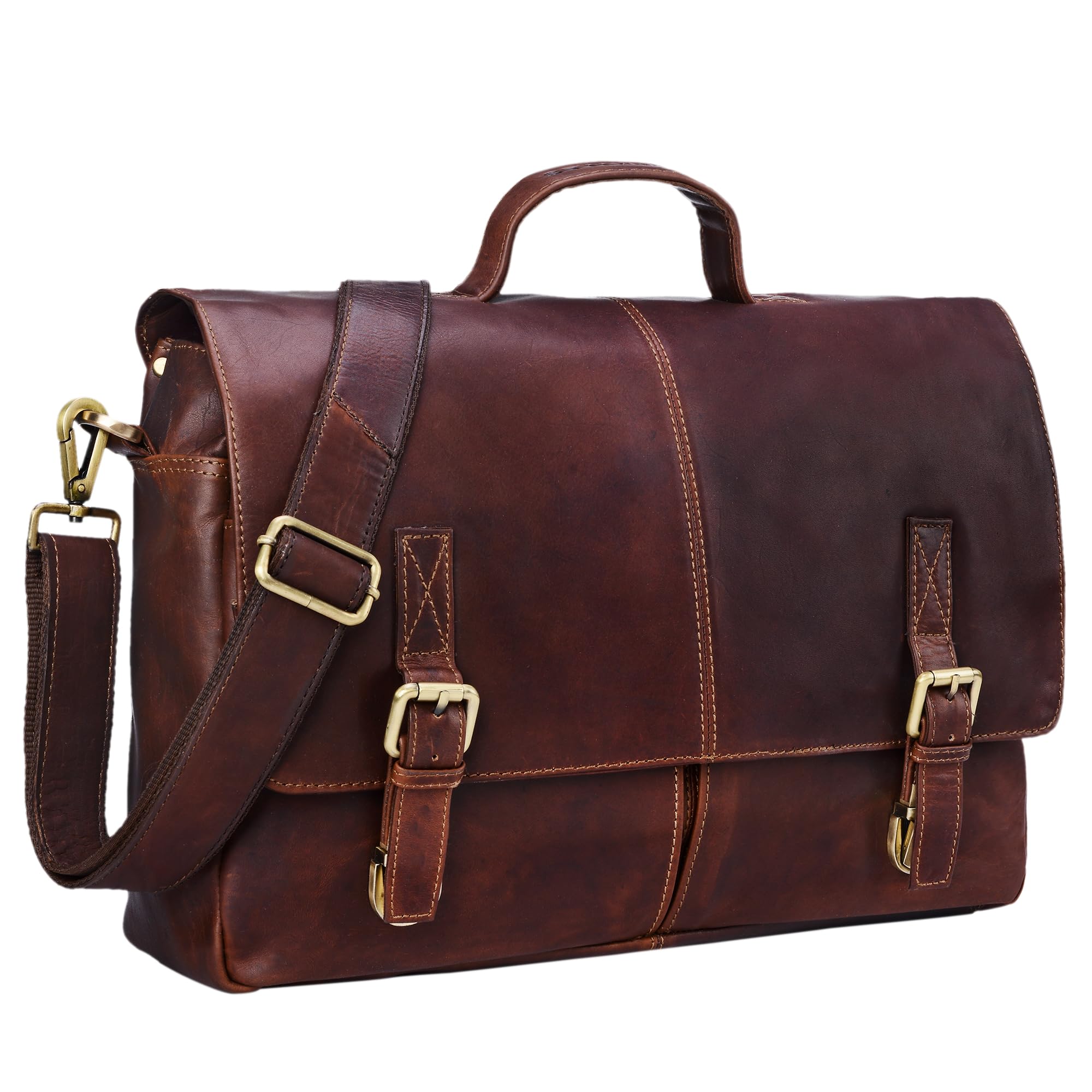 STILORD Manuel Leder Aktentasche Herren groß Vintage Umhängetasche mit Schulter-Gurt Businesstasche 15.6 Zoll A4 Henkeltasche Unitasche echtes Büffelleder Farbe:Cognac - Dunkelbraun