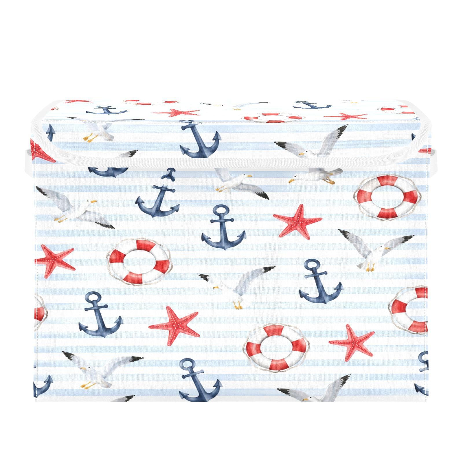 Ewusp Anchors Fabric Storage Bin with Lid, Decorative Foldable Storage Basket with Handles, Stackable Closet Shelf Organiser Box for Clothes, Books, Bedroom, Living Room