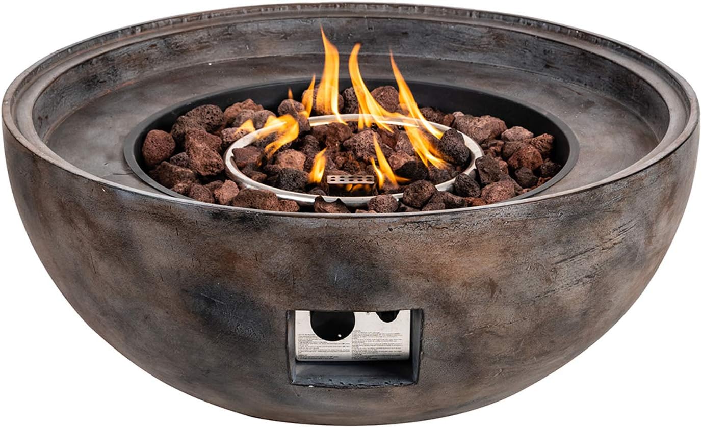 SIUSUMFO Fire Pit Outdoor Half-Sphere Bowl Propane Gray Hardrock 31-inch 50,000 BTU Round Grey Concrete Firepit Table with Free Lava Rocks for Patio Barbecue 20 Gal/LB