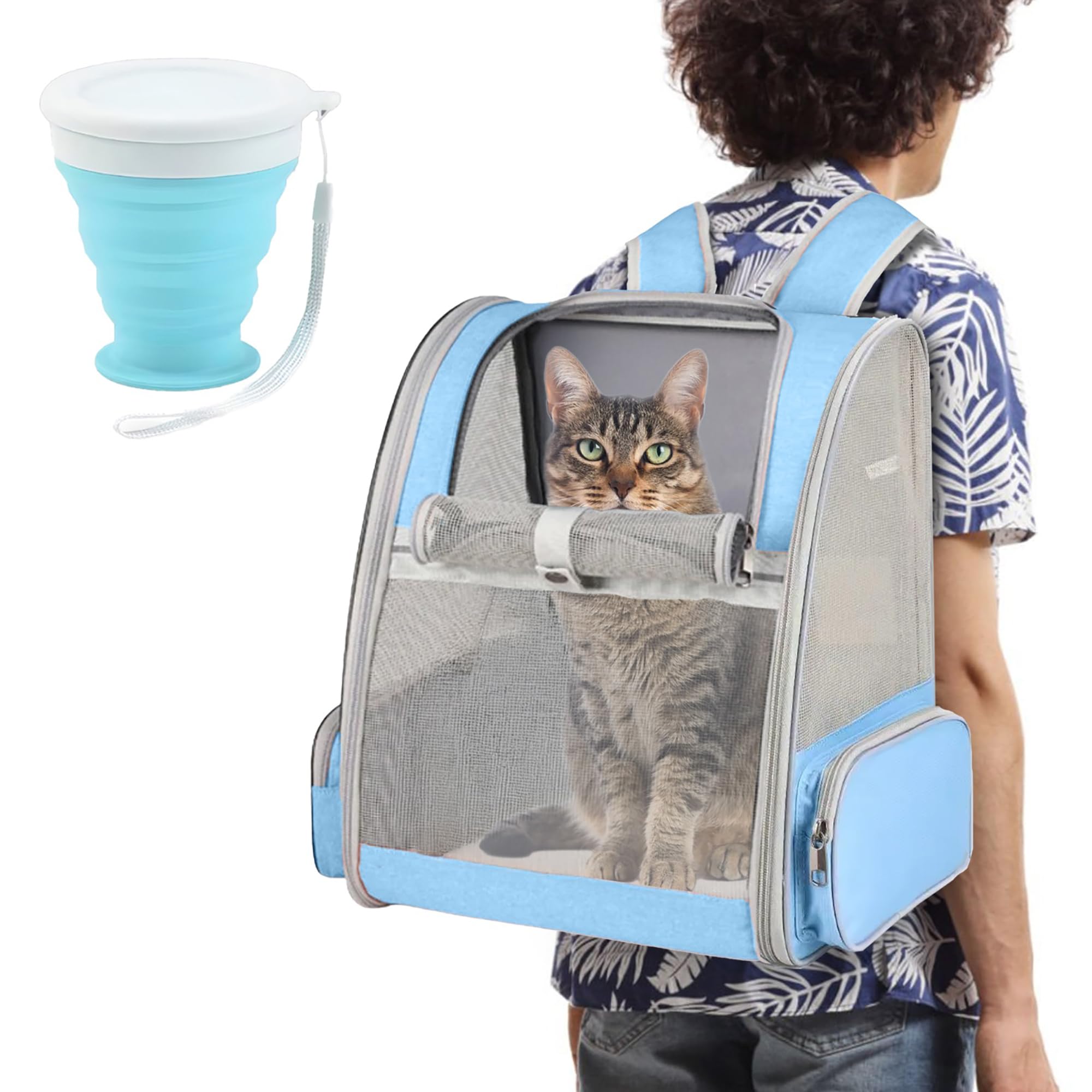 Mochila Gato y Perro - Transportin Gatos y Perros Plegable para Transporte de Mascotas Pequeñas y Medianas - Incluye Comedero/Bebedero Plegable con Tapa para Paseos