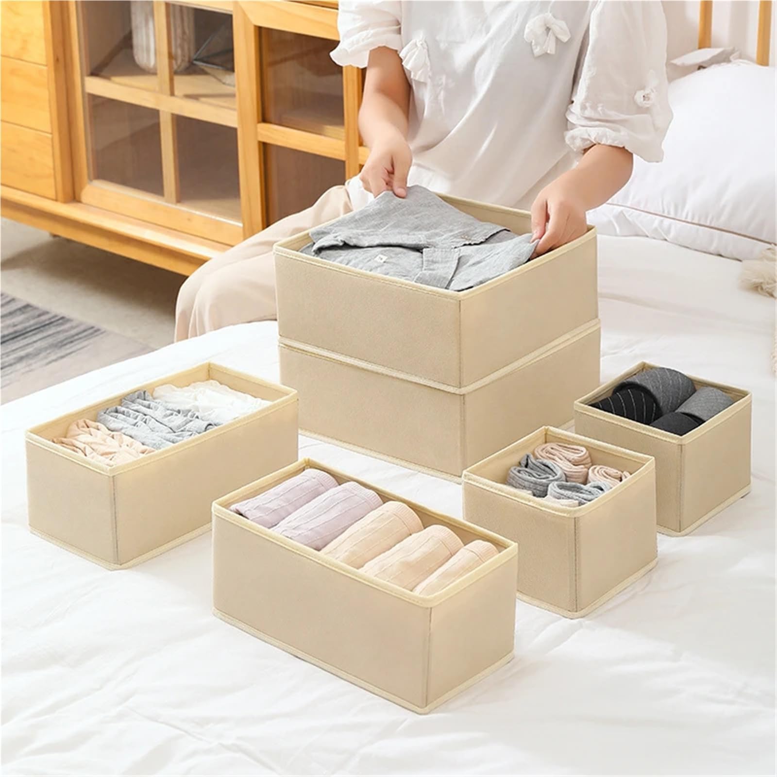 Organizador de almacenamiento calcetines Caja cajones plegable no tejida | Caja de almacenamiento de ropa interior con divisor de malla for armario(Grey-m)
