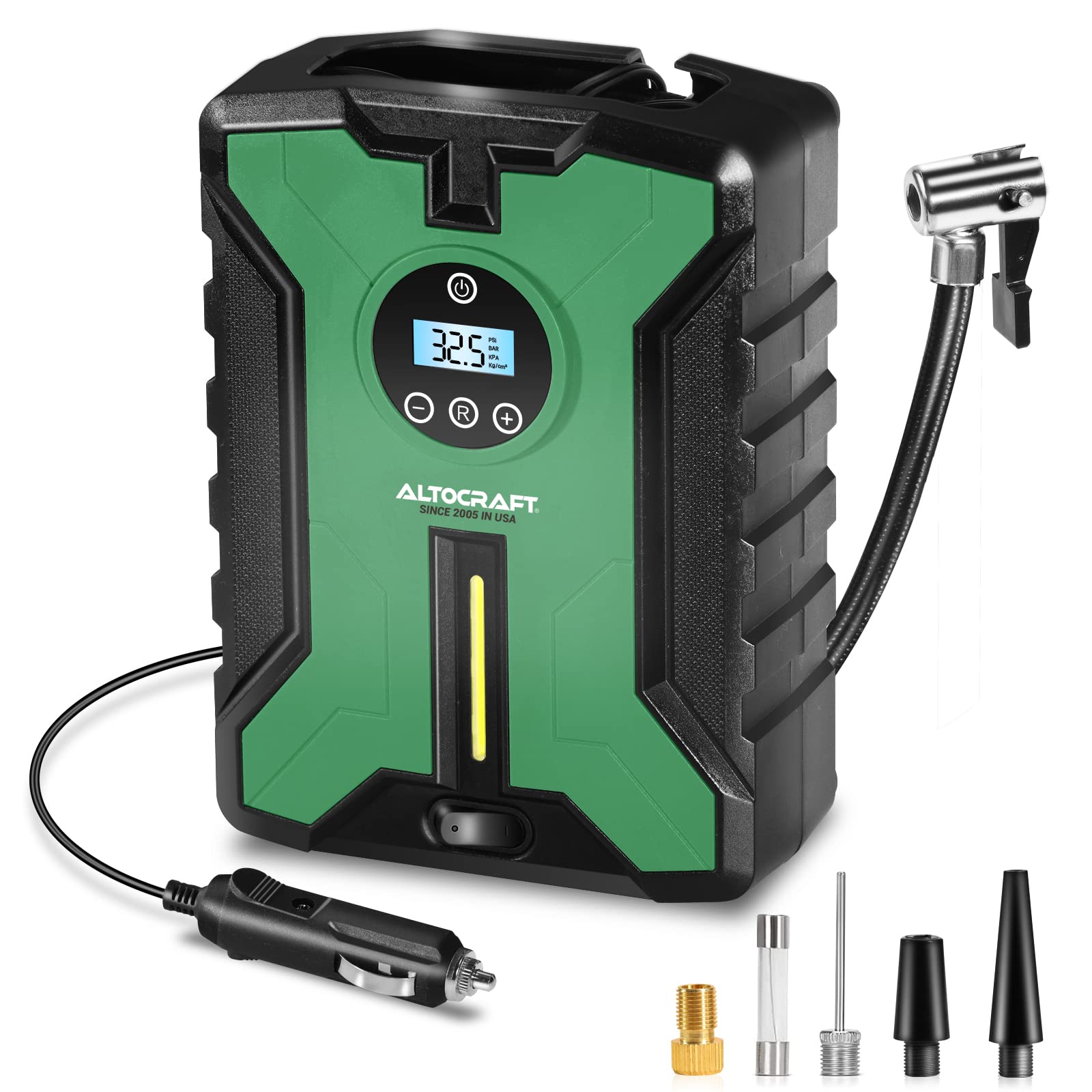 ALTOCRAFT 電動エアコンプレッサー 車 電動空気入れ 急速充填 シガーソケット給電式 自動車 タイヤ 自動停止 メモリ機能 最大150PSI  小型 300cmのコード 3種ノズル MCAP022
