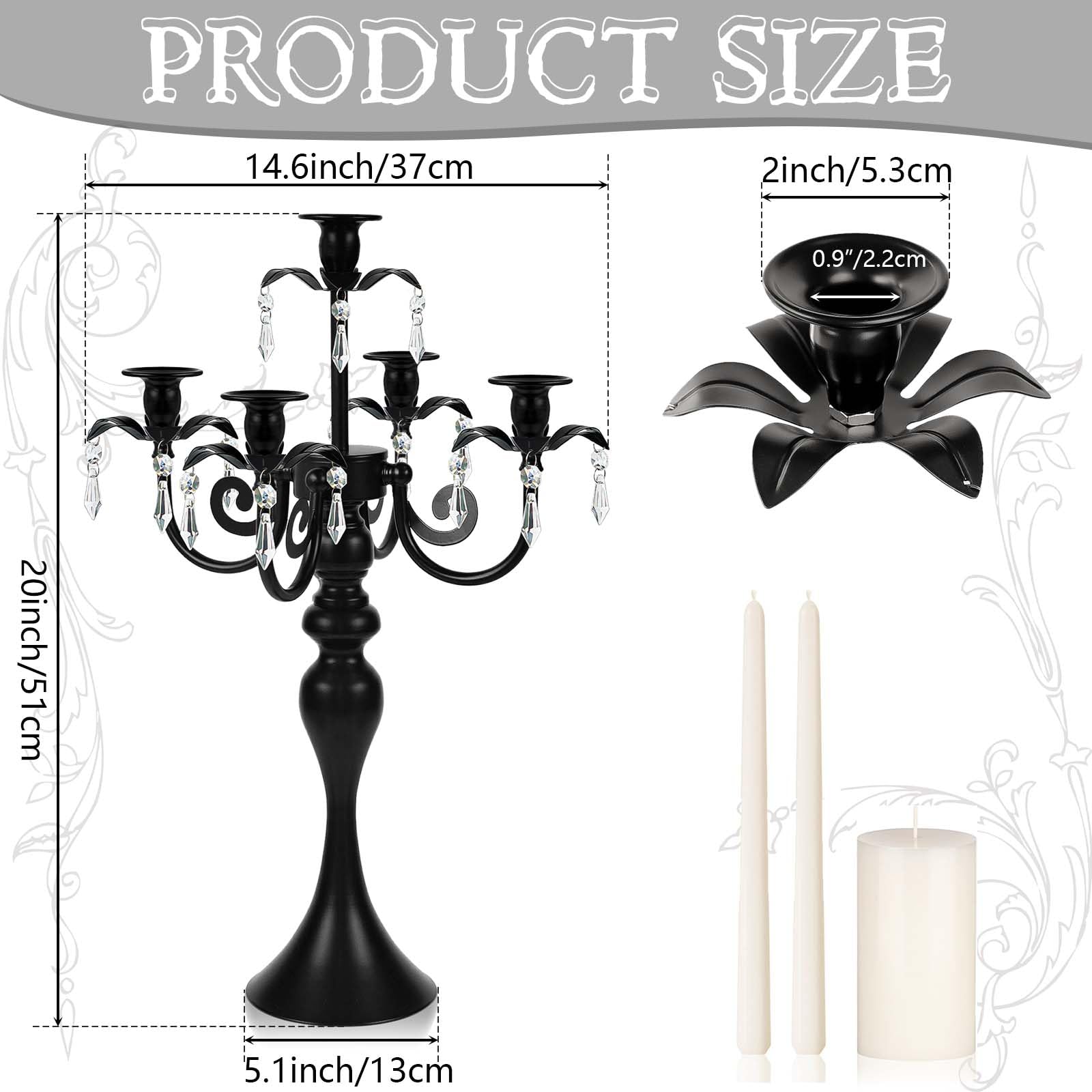 20''Tall Black Crystal Pendant Taper Candle Holders/Stylish Candle Stands/Candlesticks Holder/Candelabra for Home Decor, Weddings/Parties/Elegant Dining Table Centerpiece (1, Black, 5 Arm)