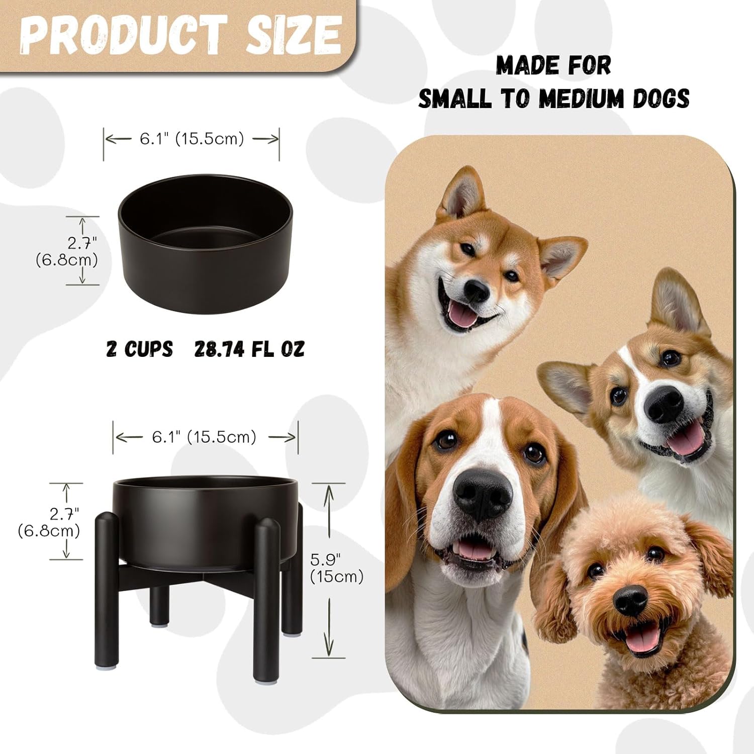 Raised Ceramic Dog Bowl - Elevated Food Water Dish with Stainless Steel Stand - for Small to Medium Dogs - 6 Inch - 2 Cups (28.75 fl oz) - Black