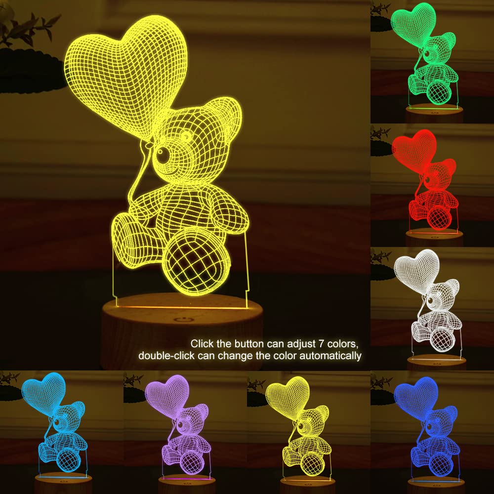 GEEKEO Lampa 3D w kształcie misia, dla kobiet, dzieci, lampka nocna, na walentynki, prezent dla kobiet, jubileusz, urodziny, zmiana kolorów, dekoracja dla mamy lub żony