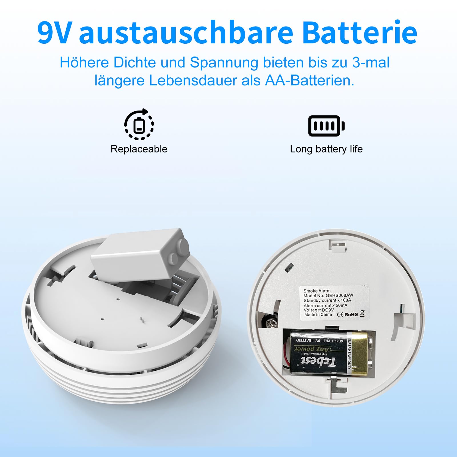 XUK 6er Set Rauchmelder 10 Jahre Lebensdauer– Rauchwarnmelder/Brandmelder mit Austauschbarer 9V Batterie, 85 dB Alarm, Test- & Stummschalttaste, EN 14604 (6er-Pack)