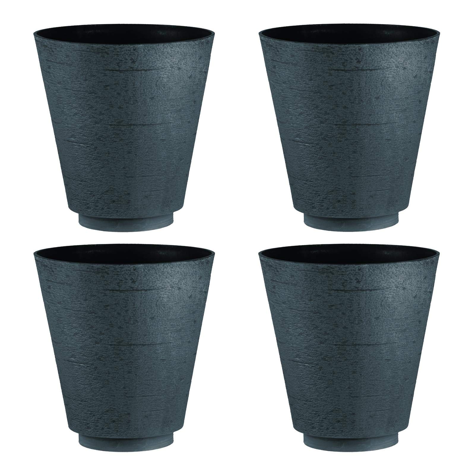 Hudson Textured Effect Plastic Planter - Grey/Black, Set of 4 - Suitable for Indoor or Outdoor Use - 35.5cm (H) x 33cm (Dia)