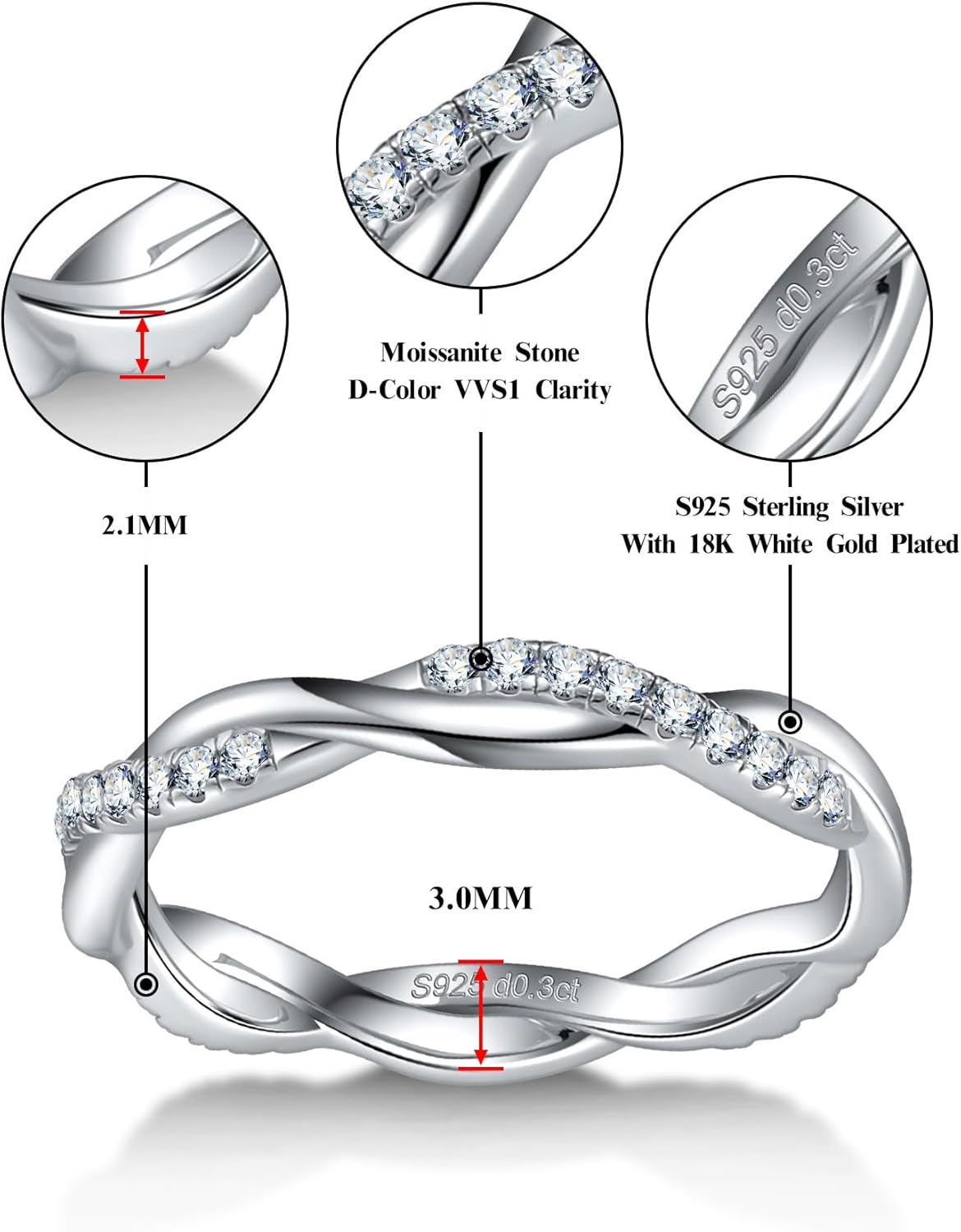 Moissanite Wedding Band Twisted Rope Infinity Eternity Rings for Women 925 Sterling Silver Rings Stackable Engagement Anniversary Band Size 4-11 - Image 2