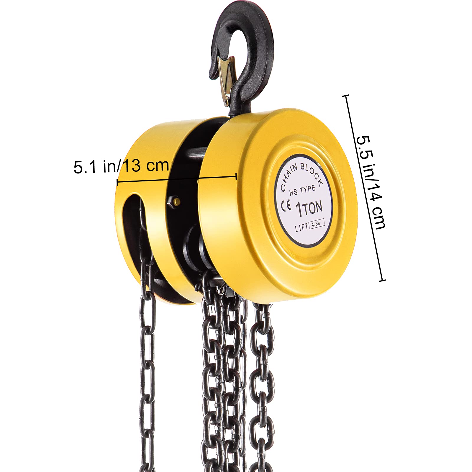 VEVOR Hand Chain Hoist, 2200 lbs /1 Ton Capacity Chain Block, 15ft/4.5m Lift Manual Hand Chain Block, Manual Hoist w/Industrial-Grade Steel Construction for Lifting Good in Transport & Workshop, Yell