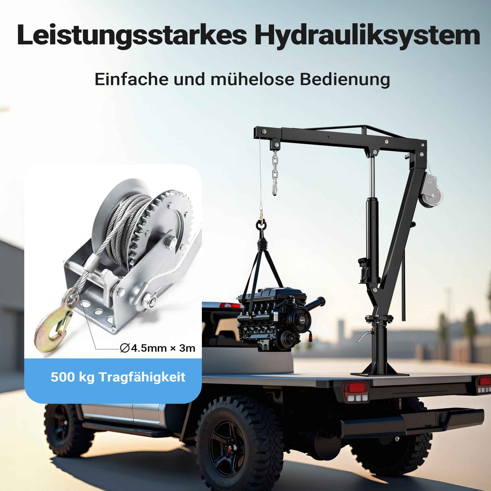 Wiltec Pickup Kran Ladekran bis 1770 mm Höhe, 500 kg Traglast und 360° Drehkranz, Seilwinde, massiver Standfuß zur Bodenmontage, Werkstattkran