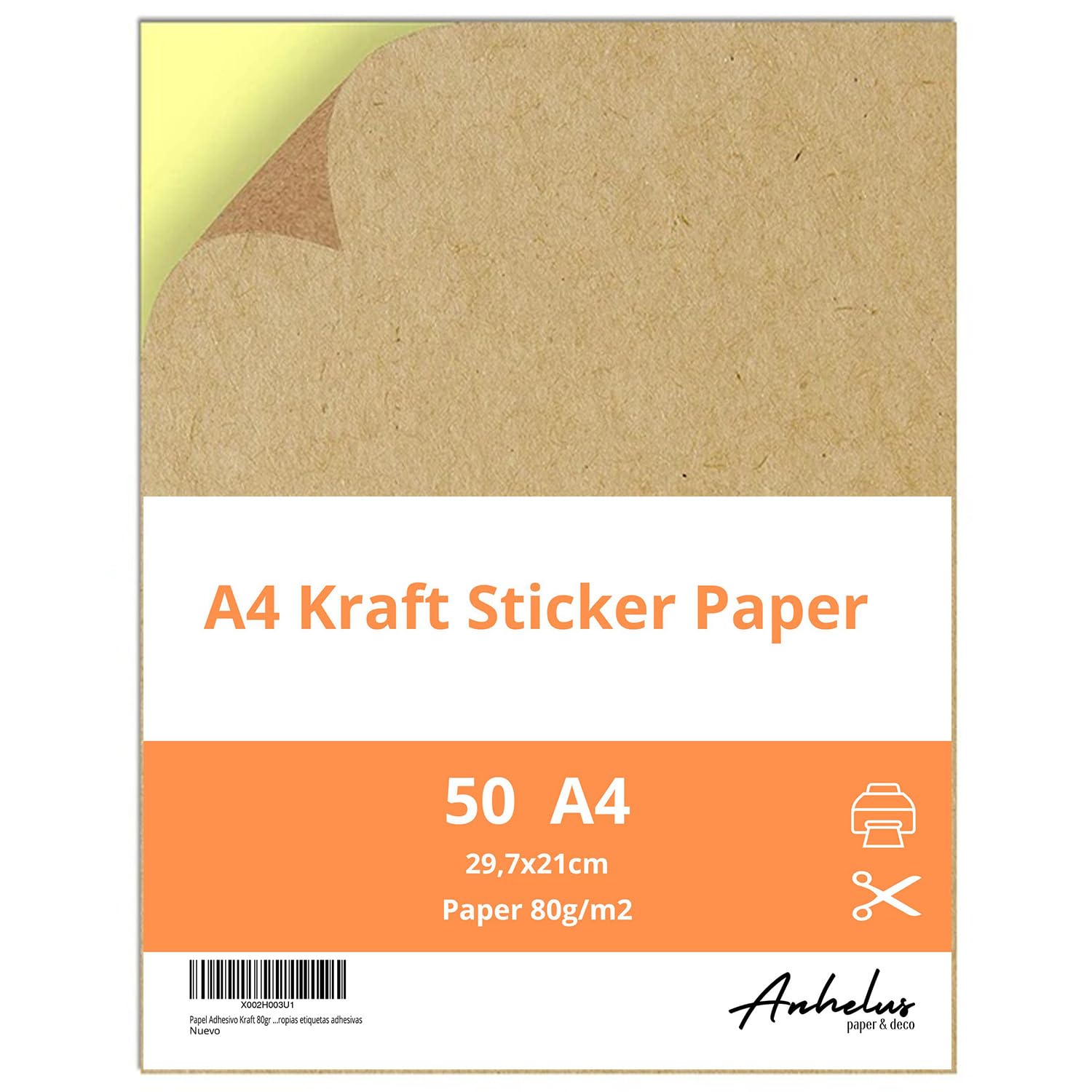 Sticker Paper for Printer A4 Kraft | 50 Sheets | Kraft Self Adhesive Paper | Printer Labels A4-21x29,7cm | Compatible with Inkjet and Laser Printers | Ideal for DIY, Crafts and Label Making