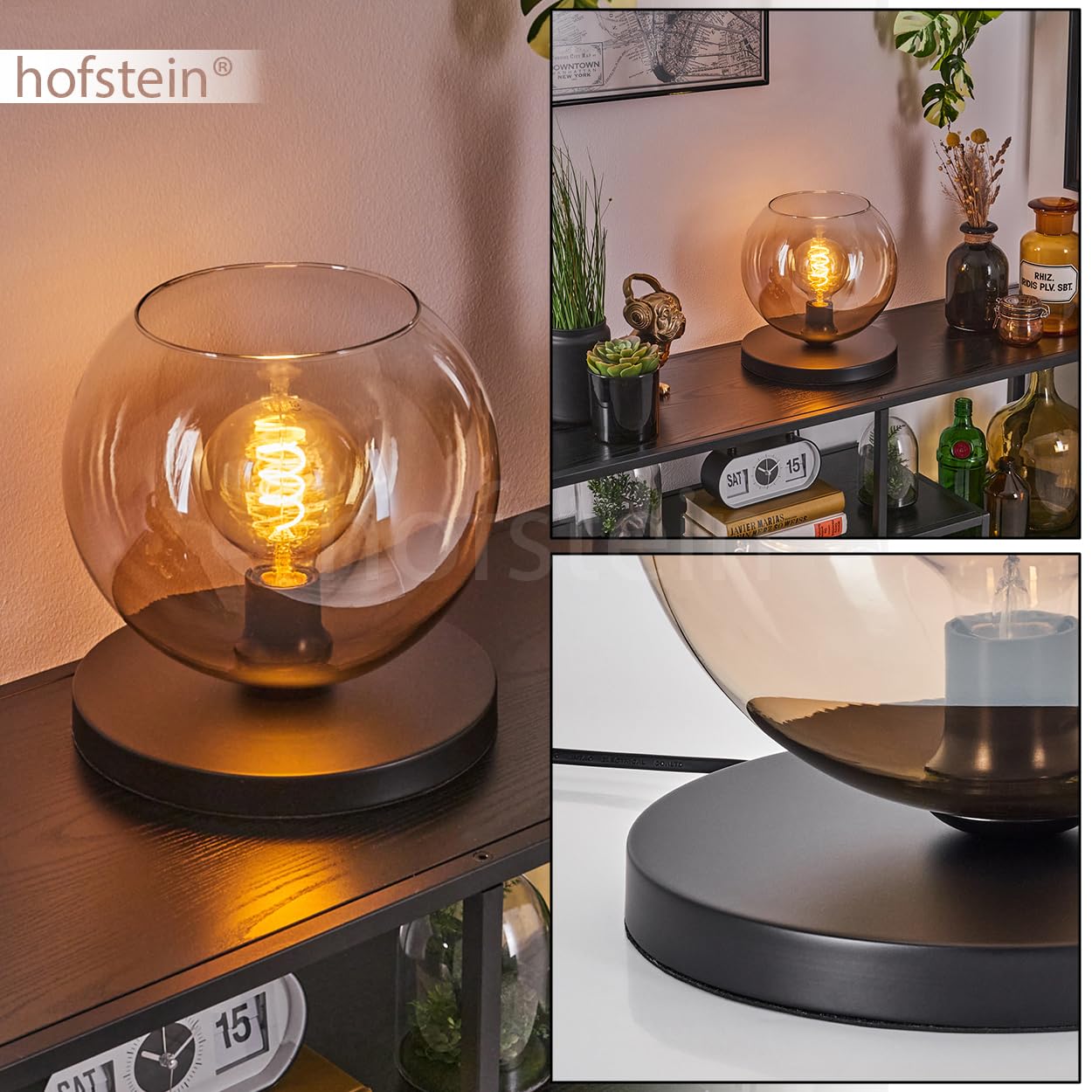 HOFSTEIN Lampada da tavolo Koyoto, lampada da tavolo in metallo/vetro di colore nero/trasparente, con paralume in vetro (diametro 25 cm) e interruttore on/off sul cavo, 1 lampadina E27, senza
