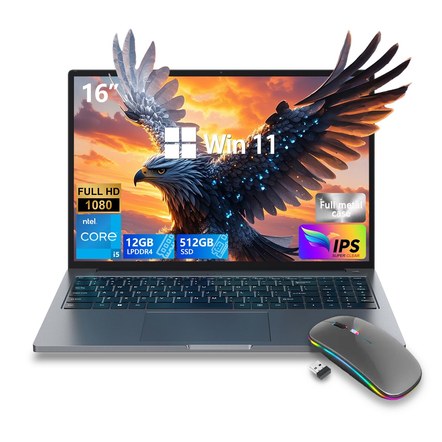 ZOLWAYTAC Gaming Laptop 16" Ultra-Slim-Intel Core i5-(Up to 3.5GHz),12GB DDR4+512GB SSD,1920x1200 IPS 16:10 Display,WiF& BT, HDMI/Type-C,Aluminum Laptop for Working&Playing,Suitable for Light Gaming