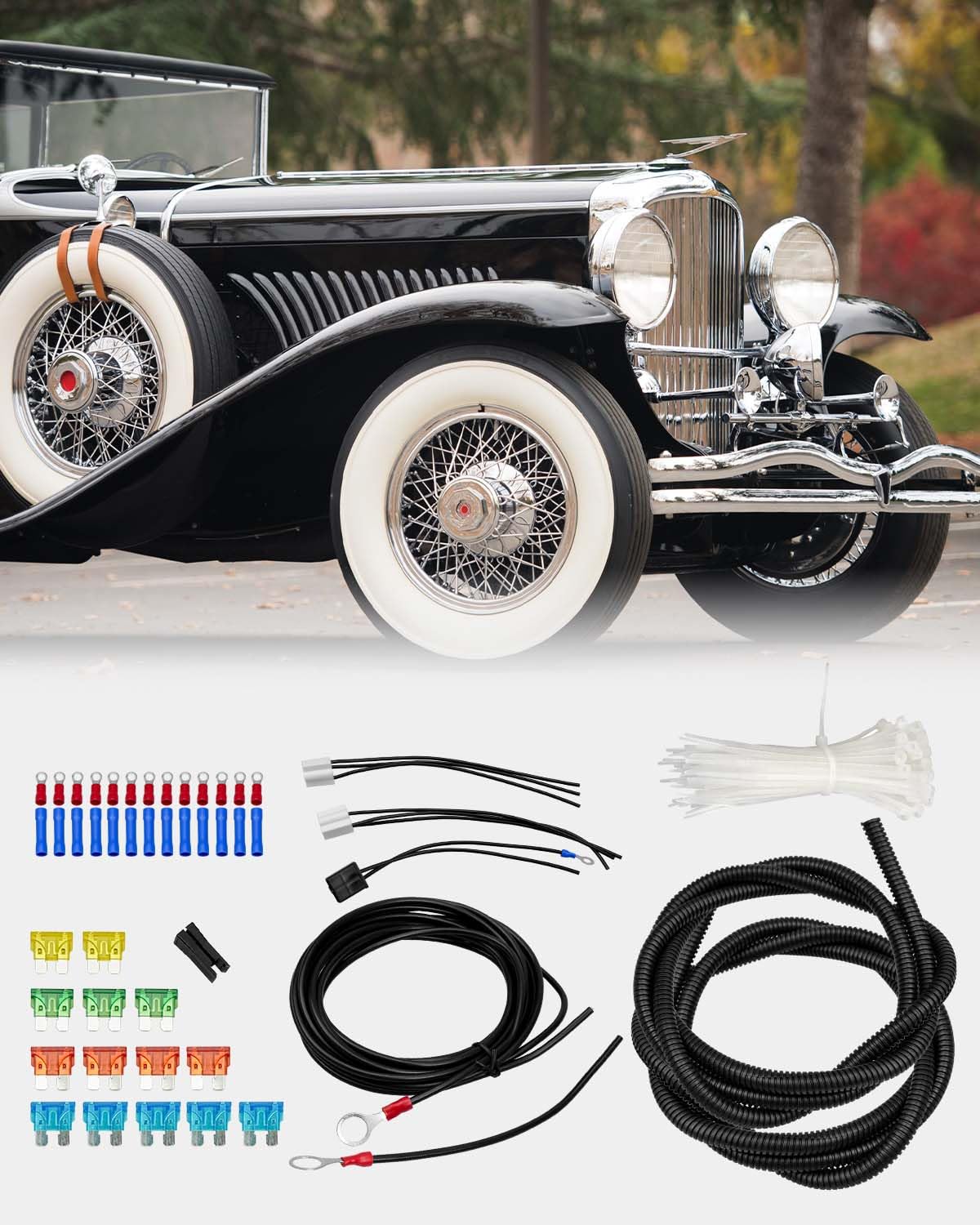 14 Circuit Universal Wiring Harness Fit for Street Muscle Car Hot Rod Rat XL Chevy Ford Chrysler Mopar, Comes with 24-pcs 12V Fused Copper Wire Harness Cable Set