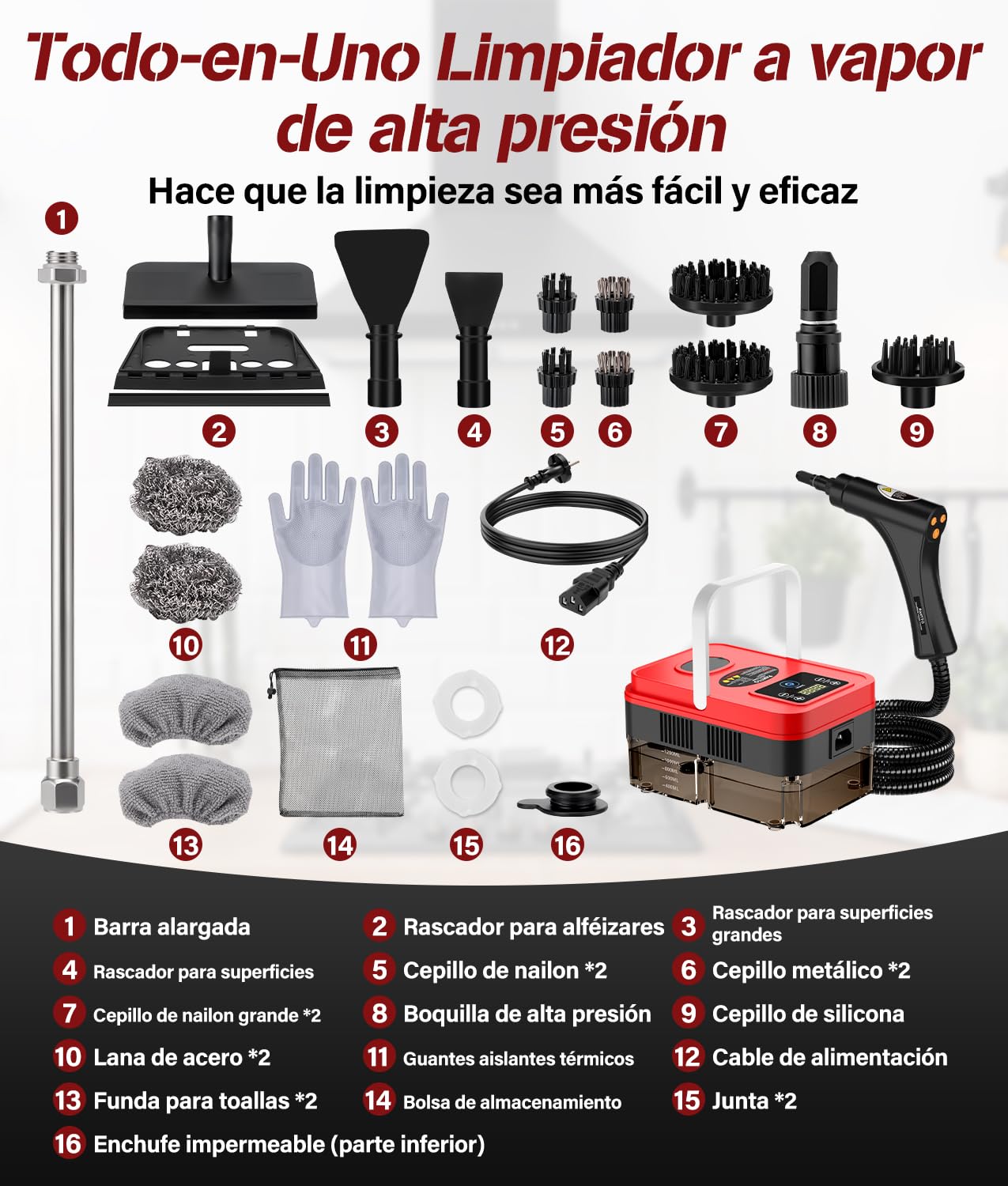 PAHTTO Limpiador a vapor multifuncional, depósito de agua de 1200 ml, pantalla LCD y mango ajustable, 20 accesorios, tiempo de calentamiento de 15 segundos, para cocina, sofá, ventanas, coche, etc.